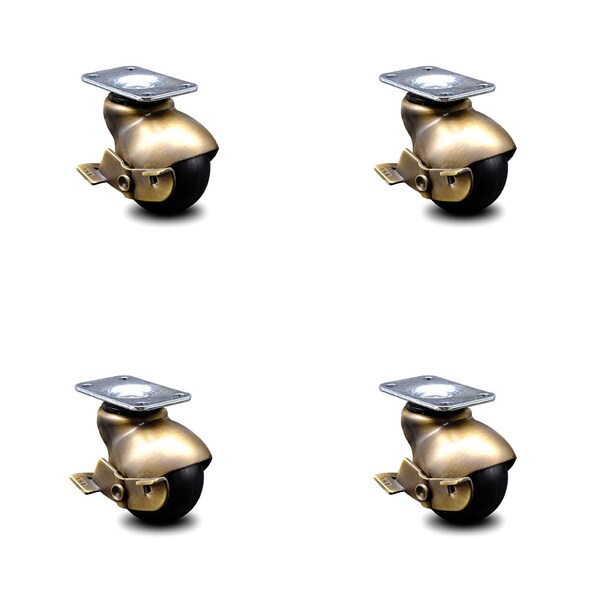 2 Inch Antique Brass Hooded Top Plate Ball Casters with Brakes SCC, 4PK